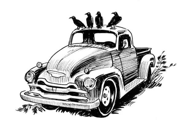古いアメリカのトラックとカラスの鳥 墨と白のドローイング — ストック写真