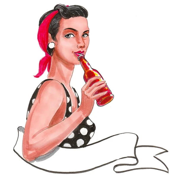 Uma Mulher Bonita Beber Cerveja Garrafa Desenho Tinta Aquarela — Fotografia de Stock