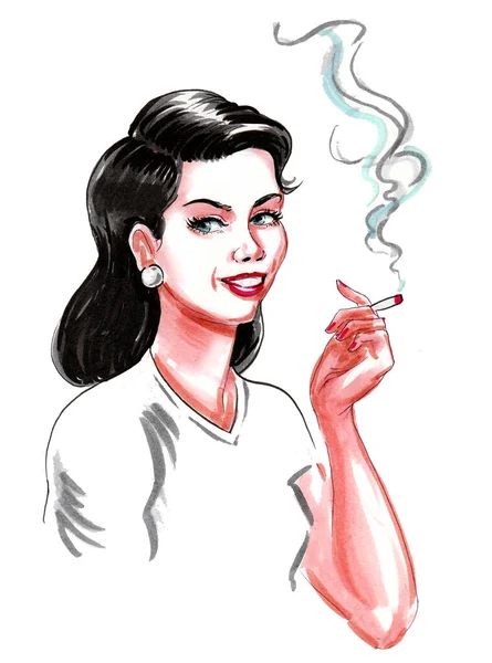 Pretty Girl Smoking Marijuana Cigarette Ink Watercolor Drawing — Stock Photo, Image