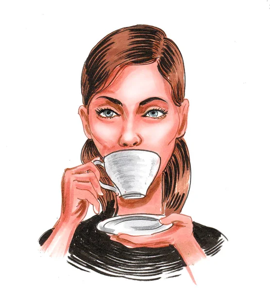 Ένα Όμορφο Κορίτσι Πίνει Τσάι Σχέδιο Μελανιού Και Ακουαρέλας — Φωτογραφία Αρχείου