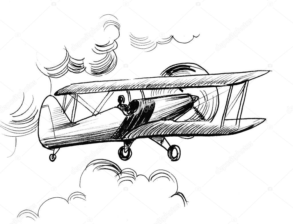 Flying biplane. Ink black and white drawing