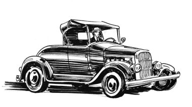 Retro otomobil. Mürekkep siyah beyaz çizim