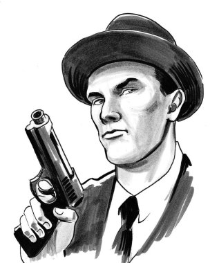 Silahlı Amerikalı bir gangster. Mürekkep ve suluboya çizim