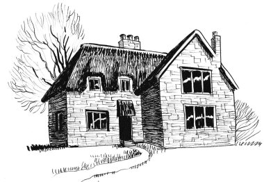 Taşrada eski bir taş ev. Mürekkep siyah beyaz çizim