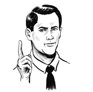 Ciddi bir beyefendi işaret ediyor. Mürekkep siyah beyaz çizim