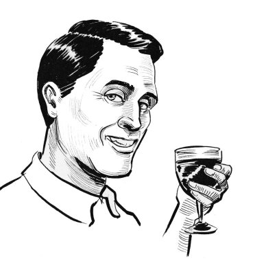 Bir bardak birayla mutlu bir adam. Mürekkep siyah beyaz çizim