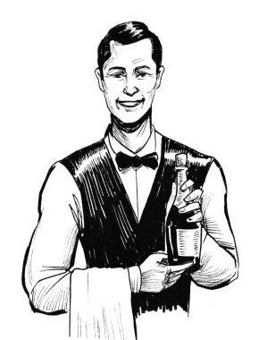 Garson bir şişe brendi getirdi. Mürekkep siyah beyaz çizim