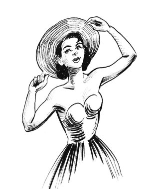 Yazlık elbisesi ve şapkası olan güzel bir kadın. Mürekkep siyah beyaz çizim