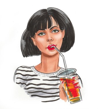 Güzel bir kadın pipetle içki içiyor. Mürekkep ve suluboya çizim