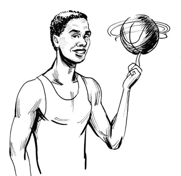 Afrikalı Amerikalı Basketbolcu Mürekkep Siyah Beyaz Çizim — Stok fotoğraf