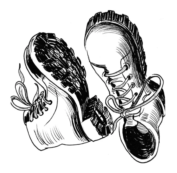 Pair Military Boots Ink Black White Drawing — Stock Photo, Image