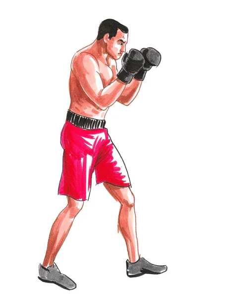 Boxing Athlete Ink Watercolor Drawing — Stock Photo, Image