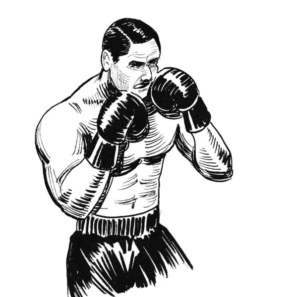 Αγωνιστής Πυγμαχίας Μελάνι Ασπρόμαυρο Σχέδιο — Φωτογραφία Αρχείου
