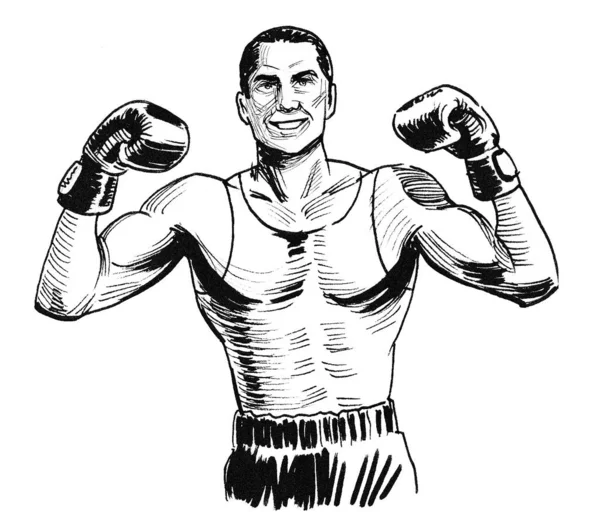 Boxing Champion Ink Black White Drawing — Stock Photo, Image