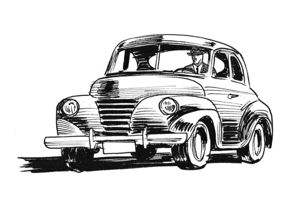 Voiture Rétro Encre Dessin Noir Blanc — Photo