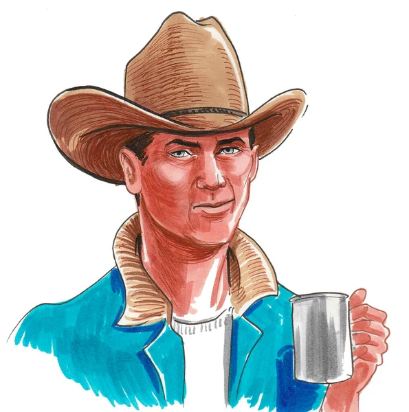 Cowboy Hatt Dricker Kopp Kaffe Bläck Och Akvarell Ritning — Stockfoto
