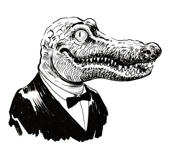 Fajny Aligator Garniturze Czarno Biały Rysunek Atramentu — Zdjęcie stockowe