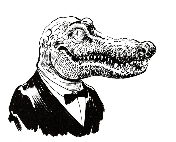 Cool Alligator Suit Ink Black White Drawing — Stock Photo, Image