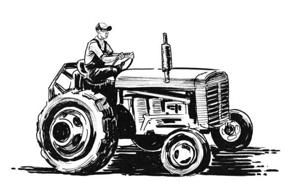 Fermier Sur Tracteur Rétro Encre Dessin Noir Blanc — Photo