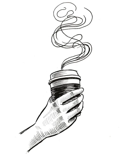 Elle Tutulan Bir Fincan Kahve Mürekkep Siyah Beyaz Çizim — Stok fotoğraf