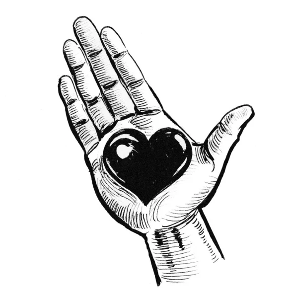 Hand Met Een Hart Inkt Zwart Wit Tekening — Stockfoto