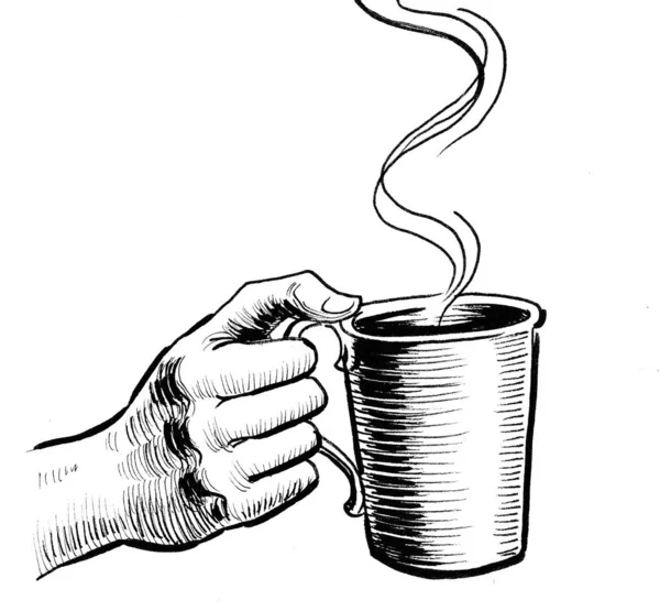 Kézen Fogva Egy Csésze Forró Teát Tinta Fekete Fehér Rajz — Stock Fotó