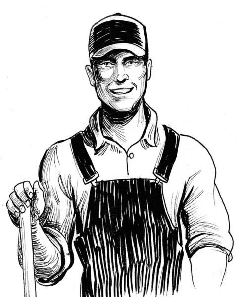 微笑的农民 墨水黑白画 — 图库照片