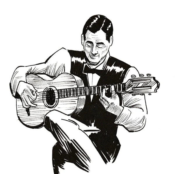 Músico Masculino Tocando Guitarra Acústica Tinta Desenho Preto Branco — Fotografia de Stock