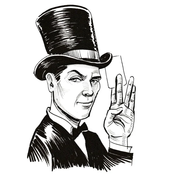 Kouzelník Hrací Kartou Černobílá Kresba Inkoustu — Stock fotografie