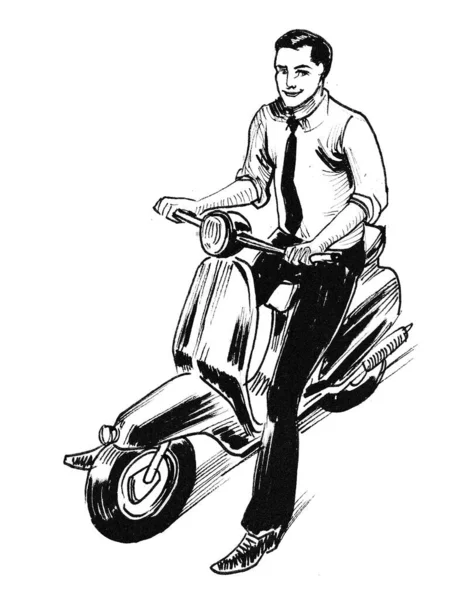 Young Man Riding Scooter Ink Black White Drawing — Stock Photo, Image