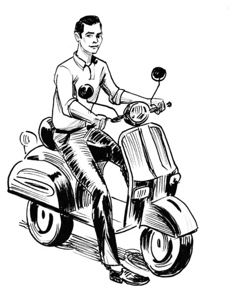 Ung Man Rider Vintage Scooter Bläck Svart Och Vitt Ritning — Stockfoto