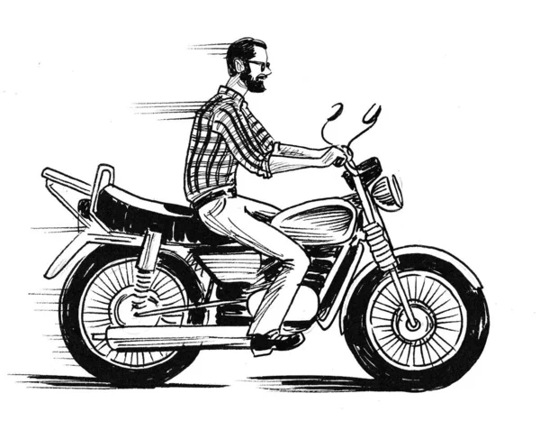 Stylish Man Riding Vintage Motorcycle Ink Black White Drawing — Stock Photo, Image