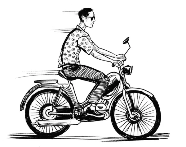 Młody Stylowy Mężczyzna Motocyklu Czarno Biały Rysunek Atramentu — Zdjęcie stockowe