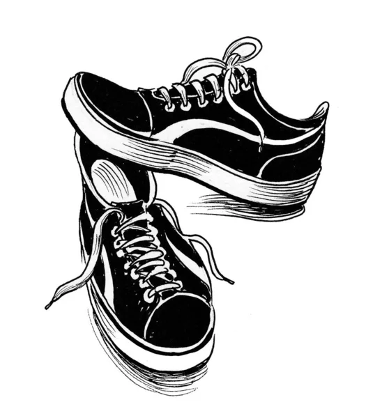 Pair Sport Shoes Ink Black White Drawing — Stock Photo, Image