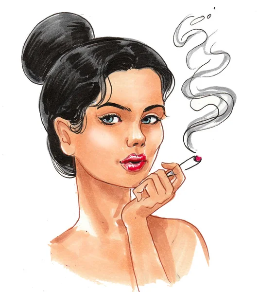 Uma Mulher Bonita Fumar Marijuana Desenho Tinta Aquarela — Fotografia de Stock