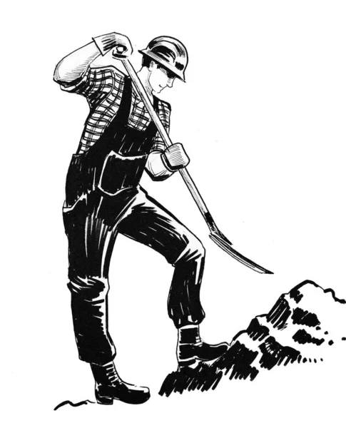 Robotnicy Kopią Ziemię Czarno Biały Rysunek Atramentu — Zdjęcie stockowe
