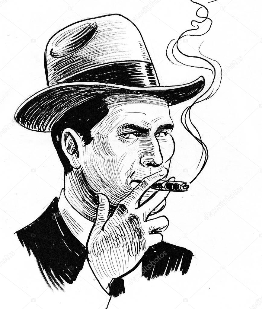 American gangster smoking cigar. Ink black and white drawing