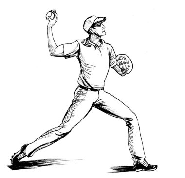 Top atan bir adam. Mürekkep siyah beyaz çizim