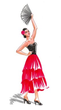 Güzel İspanyol Flamenko dansçısı. Mürekkep ve suluboya çizim