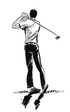 Golf oyuncusu. Mürekkep siyah beyaz çizim