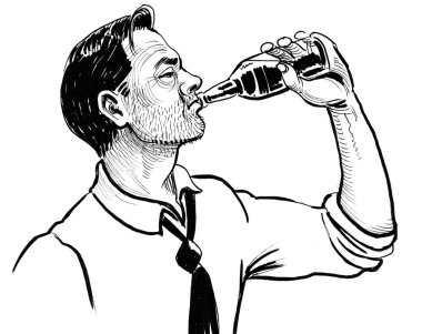Şişeden bira içen alkolik bir adam. Mürekkep siyah beyaz çizim