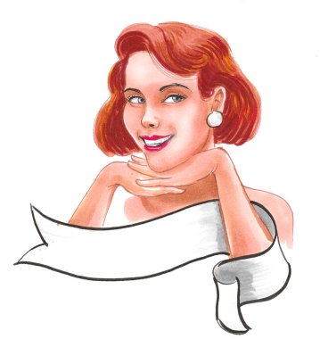 Güzel kadın ve boş pankart. Mürekkep ve suluboya çizim