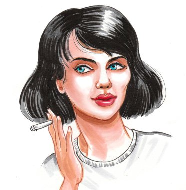 Esrar içen güzel bir kadın. Mürekkep ve suluboya çizim