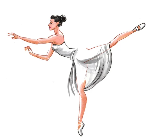 Taniec Baletnicy Rysunek Atramentu Akwareli — Zdjęcie stockowe