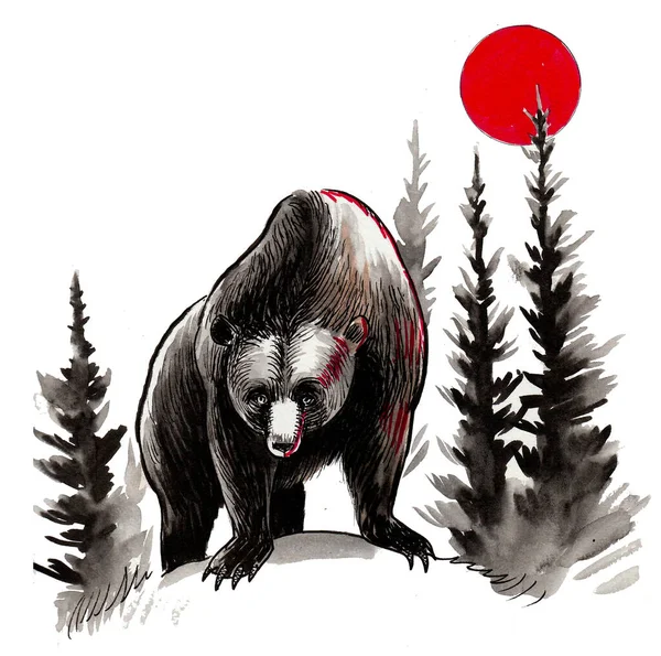 Big Strong Grizzly Bear Woods Ink Watercolor Drawing — Stock Photo, Image