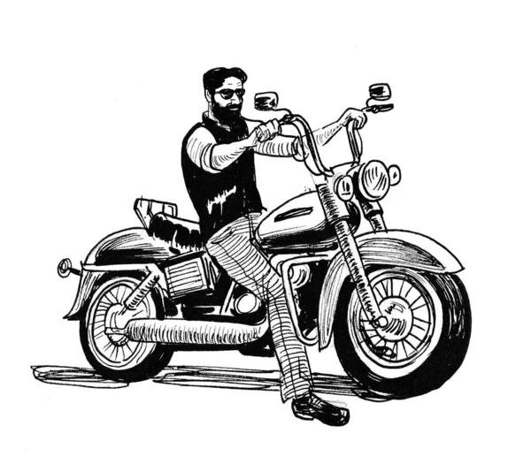 Biker Karakter Klassieke Amerikaanse Motorfiets Inkt Zwart Wit Tekening — Stockfoto