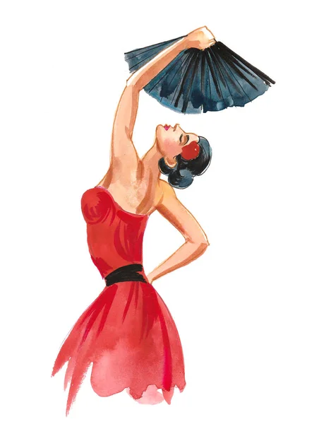 Pretty Flamenco dancer with fan. Ink and watercolor drawing