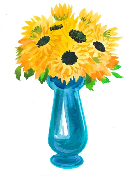Квітучі Соняшники Синій Скляній Вазі Малюнок Чорнила Акварелі — стокове фото