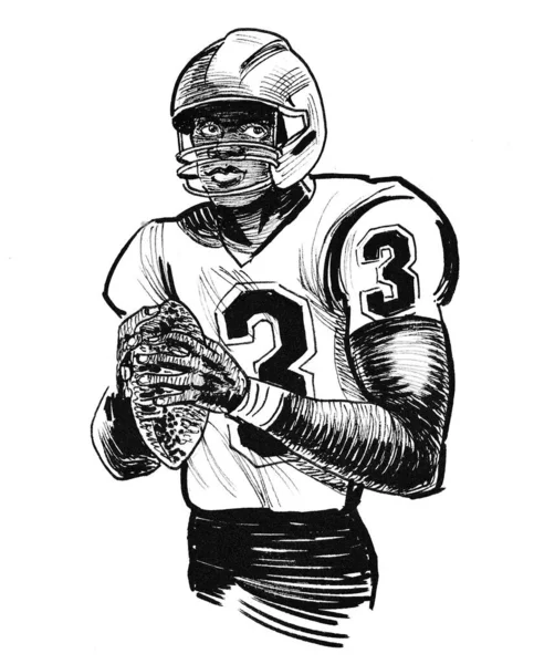 Amerikalı Futbolcu Mürekkep Siyah Beyaz Çizim — Stok fotoğraf