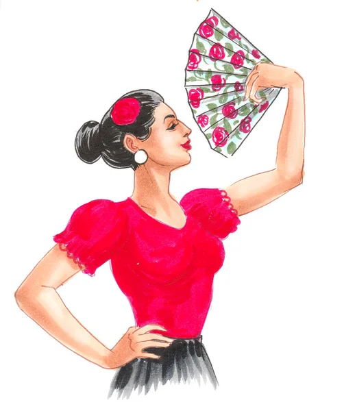 Bellissima Ballerina Flamenco Spagnola Inchiostro Acquerello Disegno — Foto Stock